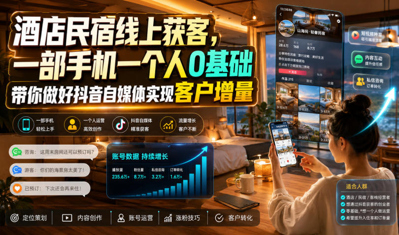 酒店民宿线上获客，一部手机一个人0基础带你做好抖音自媒体实现客户增量-网赚副业网