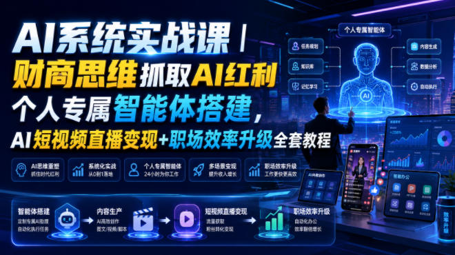 AI系统实战课｜财商思维抓取AI红利｜个人专属智能体搭建，AI短视频直播变现+职场效率升级全套教程-网赚副业网