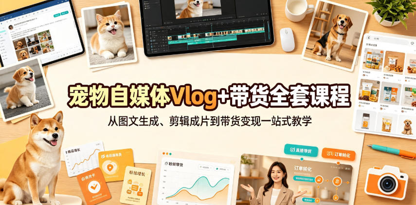 宠物自媒体Vlog+带货全套课程|从图文生成、剪辑成片到带货变现一站式教学-网赚副业网