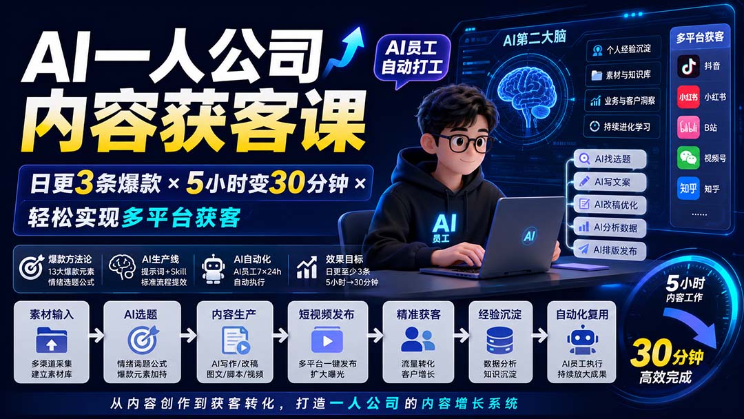 (20111期)AI一人公司内容获客课-更新8月:日更3条爆款×5小时变30分钟×AI员工自动打工,轻松实现多平台获客-网赚副业网
