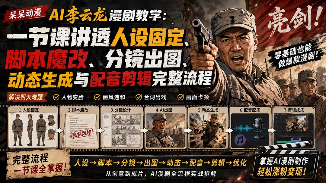 (20107期)呆呆动漫AI李云龙漫剧教学:一节课讲透人设固定、脚本魔改、分镜出图、动态生成与配音剪辑完整流程-网赚副业网