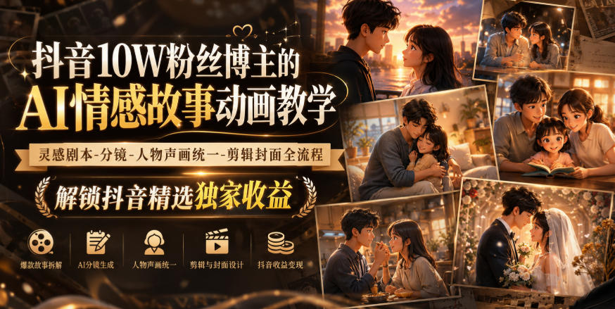 抖音10W粉丝博主的AI情感故事动画教学,灵感剧本‑分镜‑人物声画统一‑剪辑封面全流程,解锁抖音精选独家收益-网赚副业网