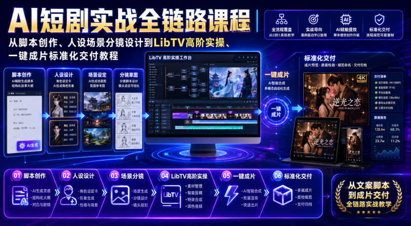 AI短剧实战全链路课程|从脚本创作、人设场景分镜设计到LibTV高阶实操、一键成片标准化交付教程-网赚副业网
