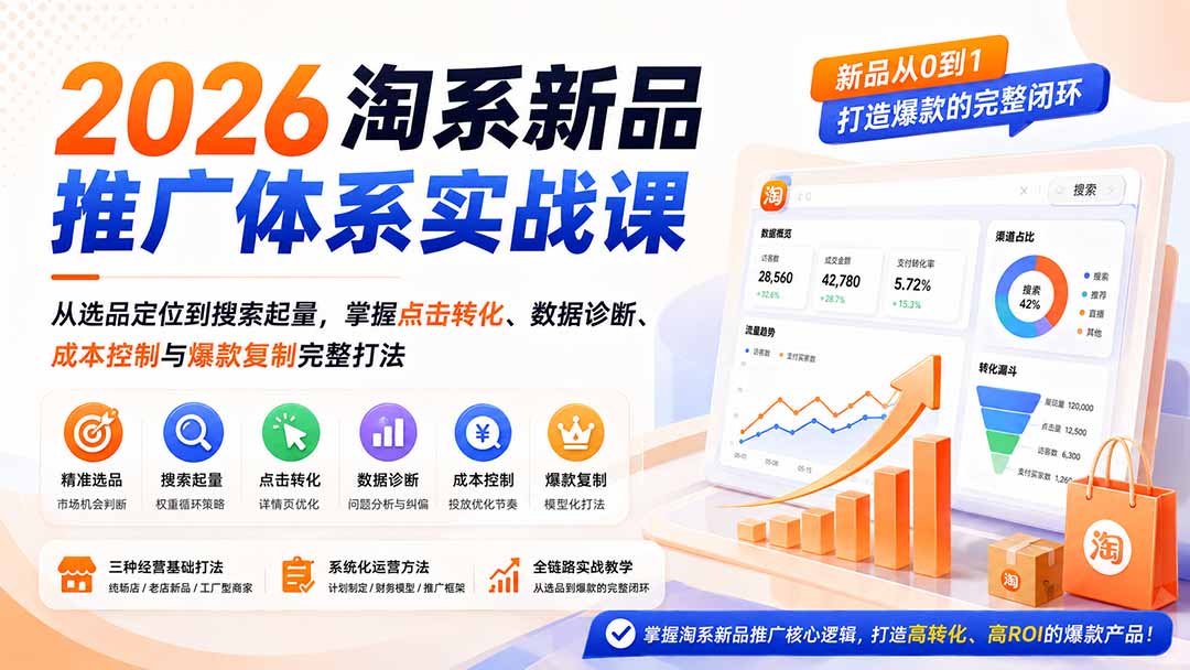 (19908期)2026淘系新品推广体系实战课:从选品定位到搜索起量,掌握点击转化、数据诊断、成本控制与爆款复制完整打法插图1 (19908期)2026淘系新品推广体系实战课:从选品定位到搜索起量,掌握点击转化、数据诊断、成本控制与爆款复制完整打法插图1