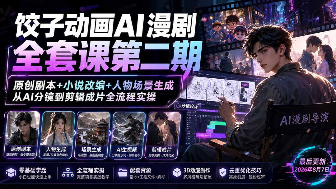 (19910期)饺子动画AI漫剧全套课第二期:原创剧本+小说改编+人物场景生成,从AI分镜到剪辑成片全流程实操-网赚副业网