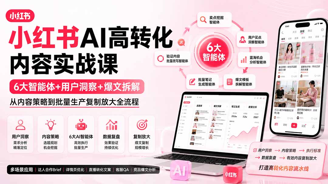 (19927期)小红书AI高转化内容实战课:6大智能体+用户洞察+爆文拆解,从内容策略到批量生产复制放大全流程-网赚副业网