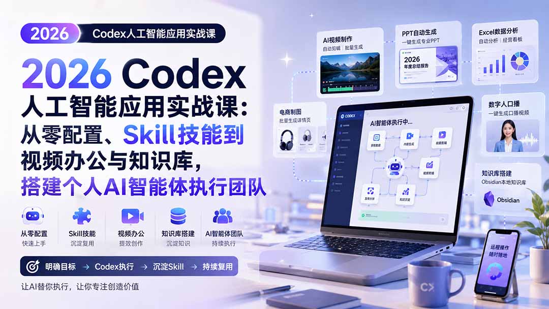 (20067期)2026 Codex人工智能应用实战课:从零配置、Skill技能到视频办公与知识库,搭建个人AI智能体执行团队插图1 (20067期)2026 Codex人工智能应用实战课:从零配置、Skill技能到视频办公与知识库,搭建个人AI智能体执行团队插图1