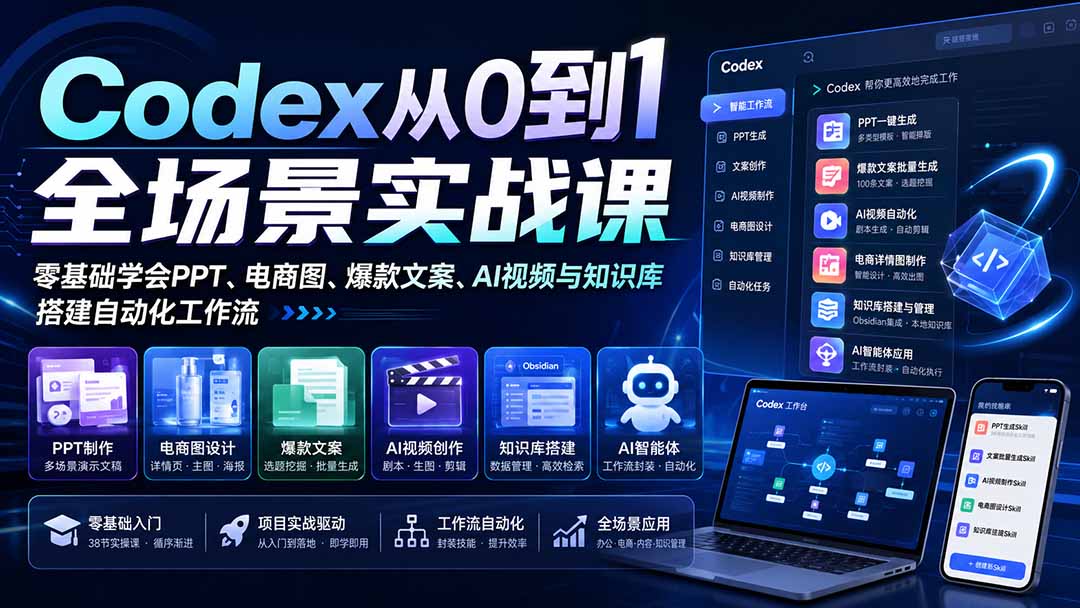 (20041期)Codex从0到1全场景实战课:零基础学会PPT、电商图、爆款文案、AI视频与知识库,搭建自动化工作流-网赚副业网