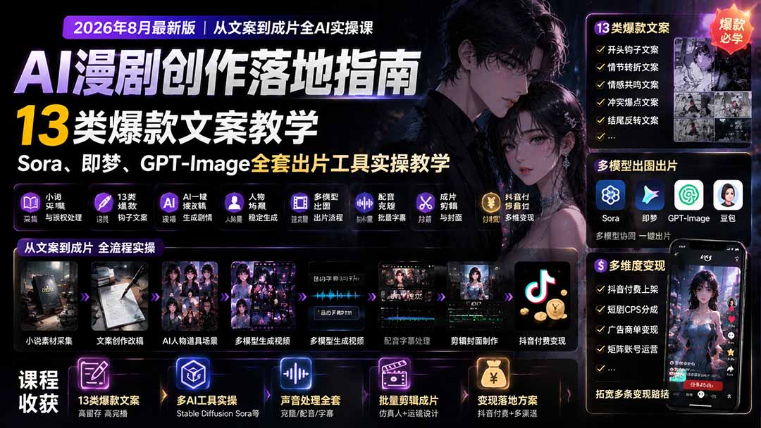 (19691期)AI漫剧创作落地指南|13类爆款文案教学,Sora、即梦、GPT-Image全套出片工具实操教学插图1 (19691期)AI漫剧创作落地指南|13类爆款文案教学,Sora、即梦、GPT-Image全套出片工具实操教学插图1