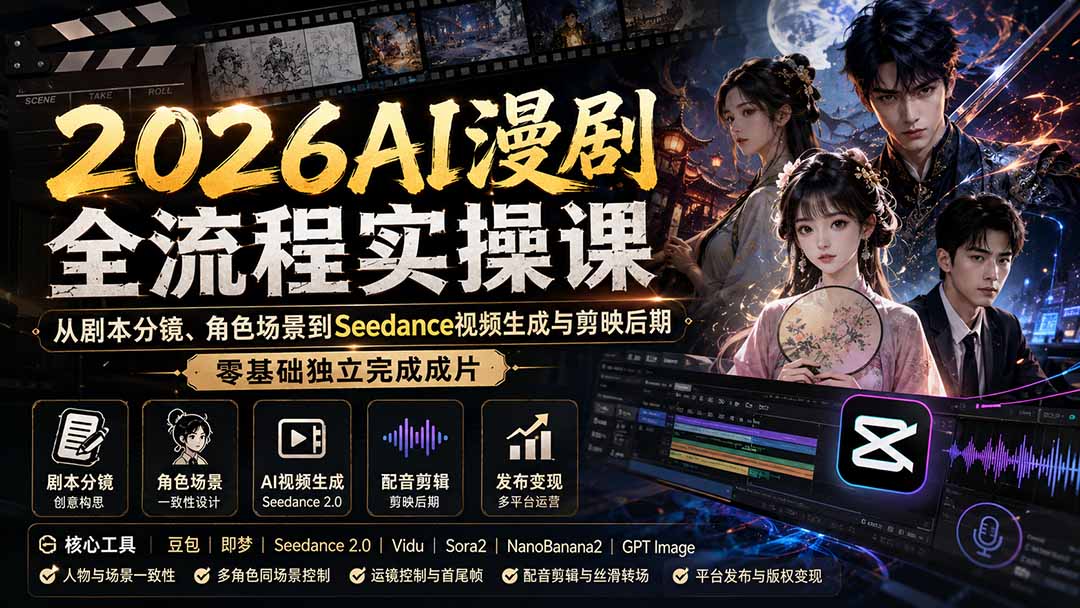 (20042期)2026AI漫剧全流程实操课:从剧本分镜、角色场景到Seedance视频生成与剪映后期,零基础独立完成成片-网赚副业网
