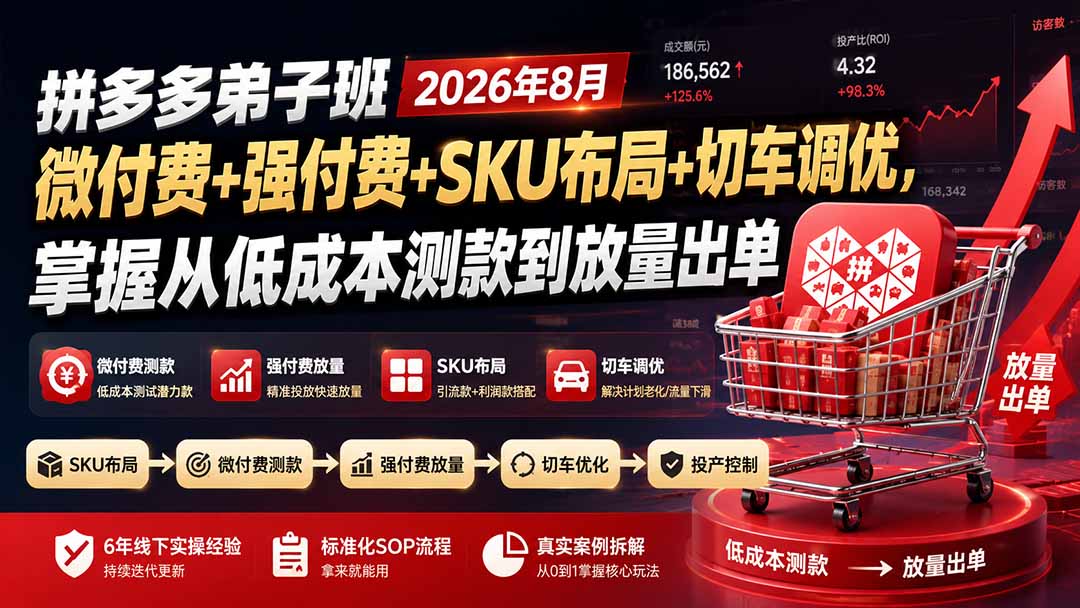(19746期)拼多多弟子班2026年8月:微付费+强付费+SKU布局+切车调优,掌握从低成本测款到放量出单插图1 (19746期)拼多多弟子班2026年8月:微付费+强付费+SKU布局+切车调优,掌握从低成本测款到放量出单插图1