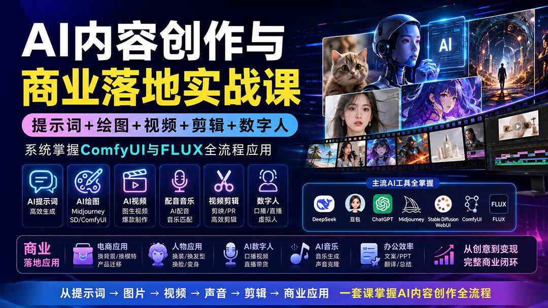 （19913期）AI内容创作与商业落地实战课：提示词+绘图+视频+剪辑+数字人，系统掌握ComfyUI与FLUX全流程应用-网赚副业网