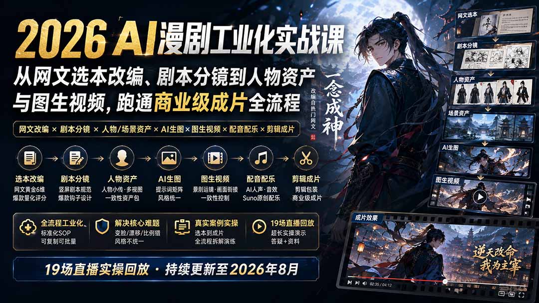 （20068期）2026 AI漫剧工业化实战课-更新：从网文选本改编、剧本分镜到人物资产与图生视频，跑通商业级成片全流程-网赚副业网