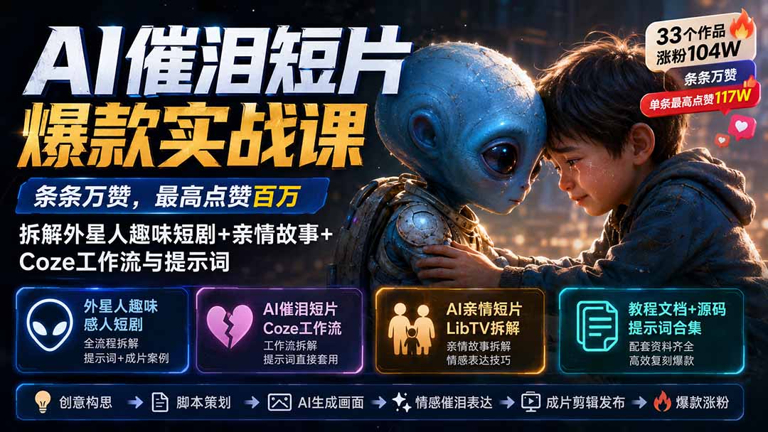 (20038期)AI催泪短片爆款实战课:条条万赞,最高点赞百万,拆解外星人趣味短剧+亲情故事+Coze工作流与提示词-网赚副业网
