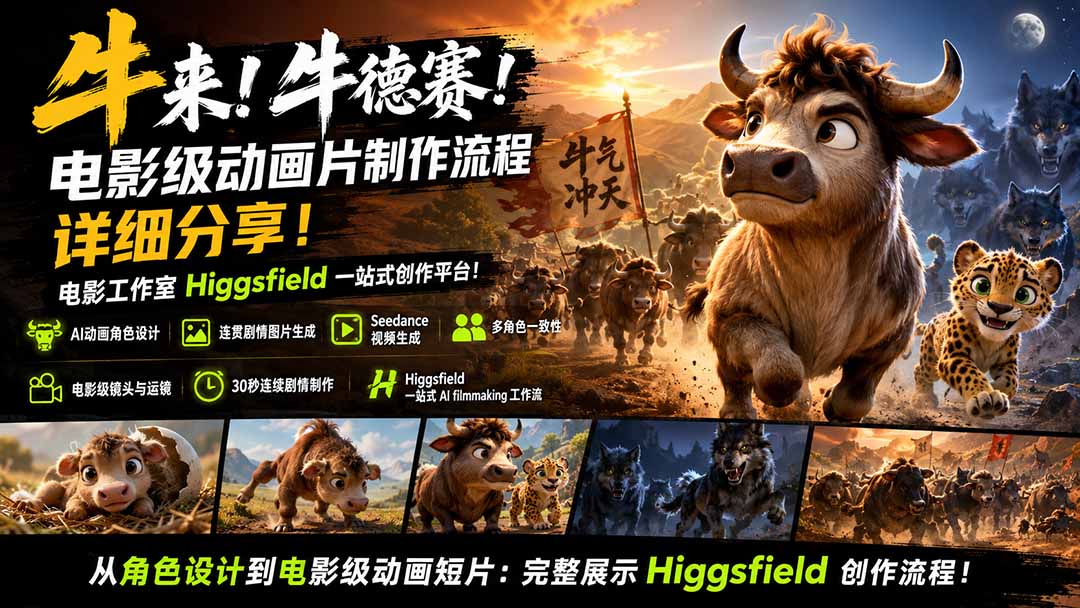 (19987期)牛来!牛德赛!电影级动画片制作流程详细分享!电影工作室Higgsfield一站式创作平台!插图1 (19987期)牛来!牛德赛!电影级动画片制作流程详细分享!电影工作室Higgsfield一站式创作平台!插图1
