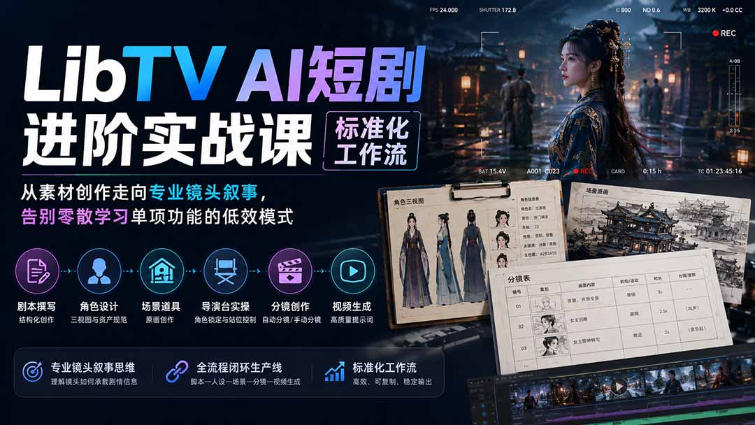 （19836期）LibTV AI短剧进阶实操课标准化工作流；从素材创作走向专业镜头叙事，告别零散学习单项功能的低效模式-网赚副业网