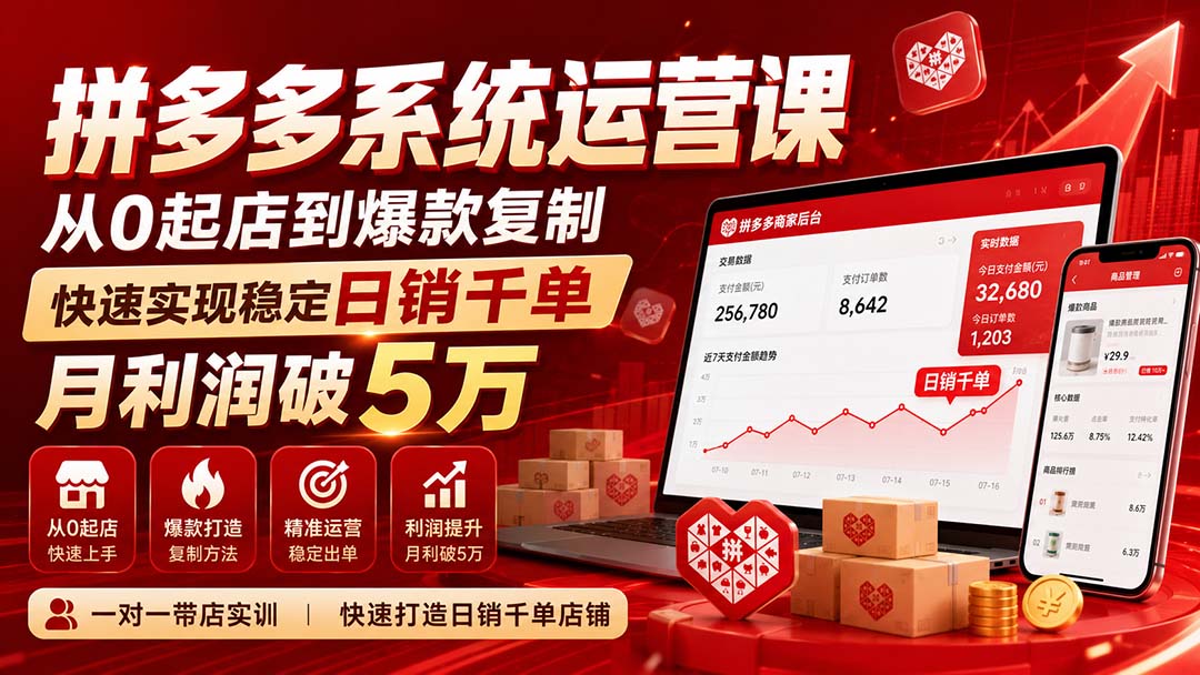 (20124期)拼多多系统运营课(更新8月),从0起店到爆款复制,快速实现稳定日销千单,月利润破5万-网赚副业网