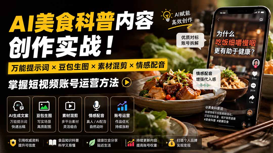 (19730期)外面卖199元-AI美食科普内容创作实战!万能提示词×豆包生图×素材混剪×情感配音,掌握短视频账号运营方法-网赚副业网