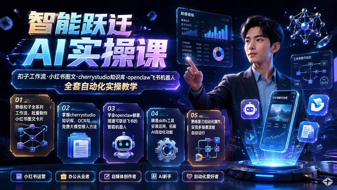(19652期)智能跃迁 AI实操课|扣子工作流小红书图文搭建,cherrystudio知识库openclaw飞书机器人全套自动化实操教学插图 (19652期)智能跃迁 AI实操课|扣子工作流小红书图文搭建,cherrystudio知识库openclaw飞书机器人全套自动化实操教学插图