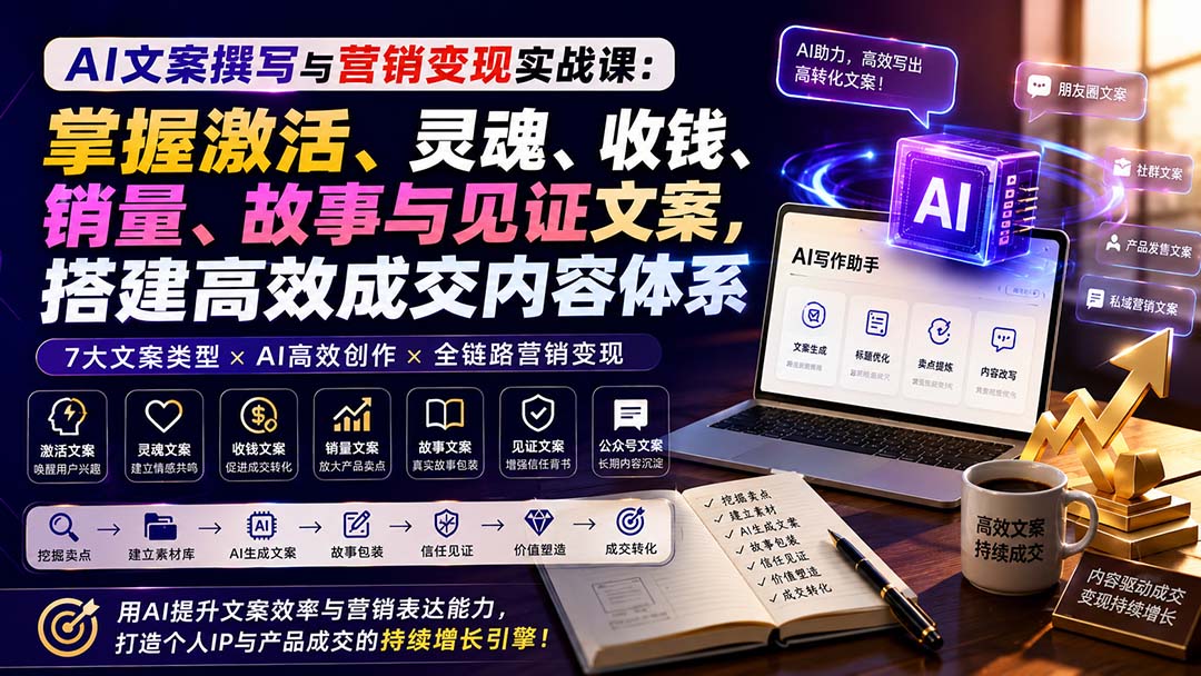 (20126期)AI文案撰写与营销变现实战课:掌握激活、灵魂、收钱、销量、故事与见证文案,搭建高效成交内容体系插图1 (20126期)AI文案撰写与营销变现实战课:掌握激活、灵魂、收钱、销量、故事与见证文案,搭建高效成交内容体系插图1