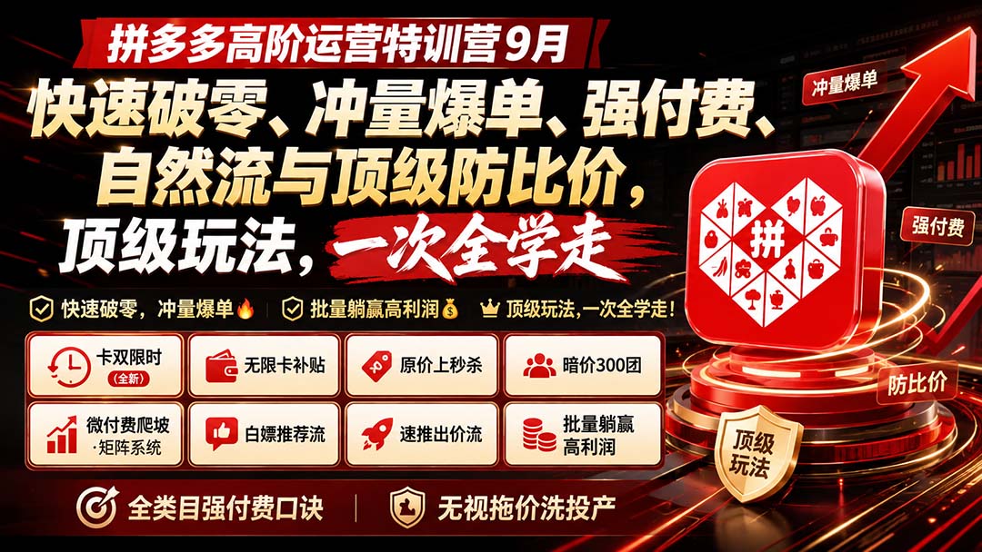 (20155期)拼多多高阶运营特训营9月:快速破零、冲量爆单、强付费、自然流与顶级防比价, 顶级玩法,一次全学走-网赚副业网