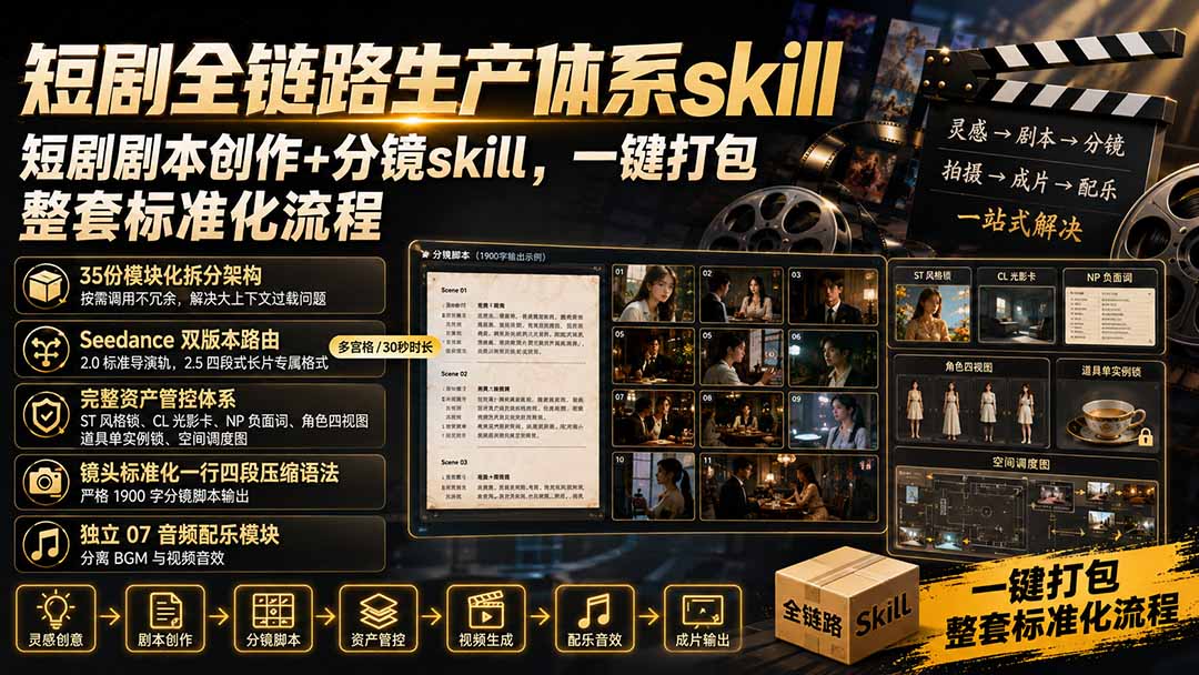 (19911期)短剧全链路生产体系skill,短剧剧本创作+分镜skill,一键打包,整套标准化流程-网赚副业网