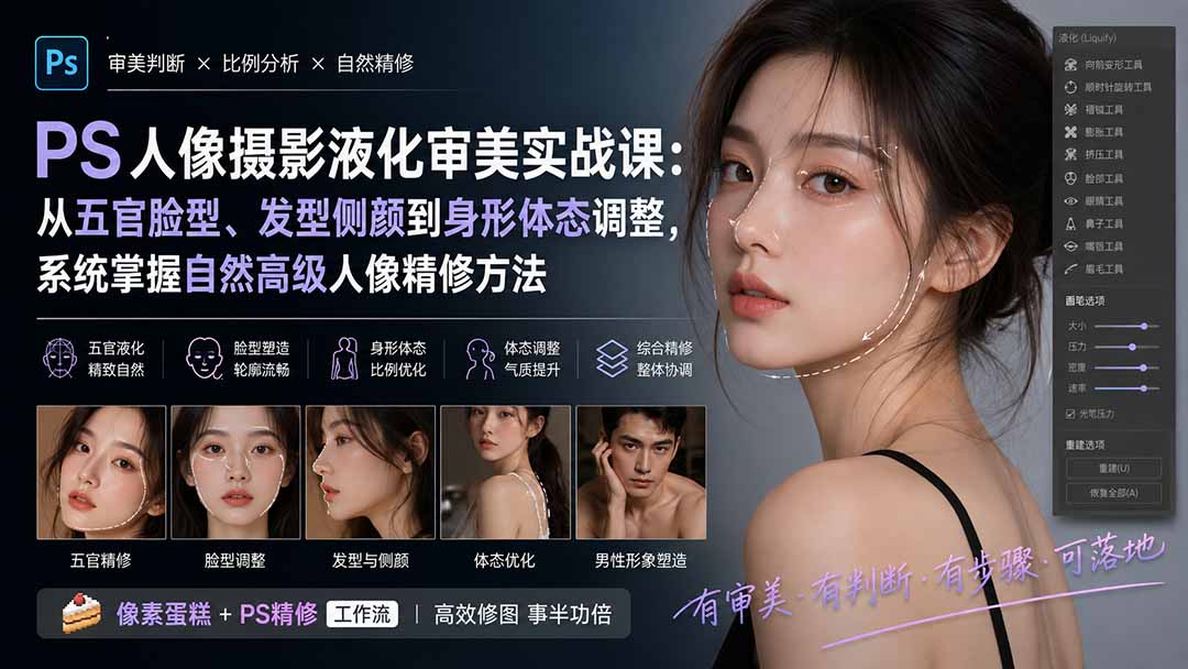 (20062期)PS人像摄影液化审美实战课:从五官脸型、发型侧颜到身形体态调整,系统掌握自然高级人像精修方法-网赚副业网