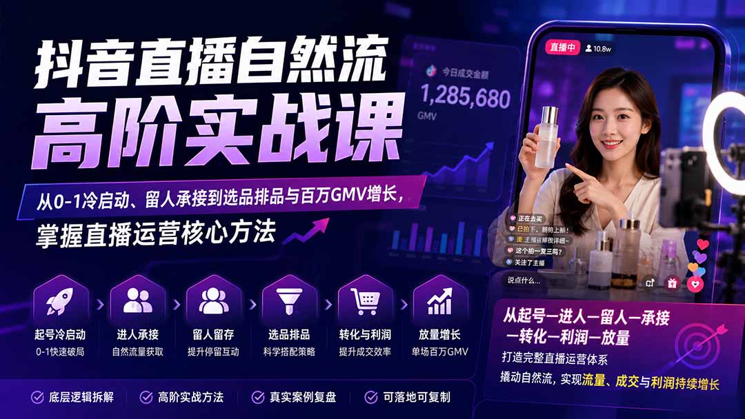 (20058期)抖音直播自然流高阶实战课:从0-1冷启动、留人承接到选品排品与百万GMV增长,掌握直播运营核心方法-网赚副业网