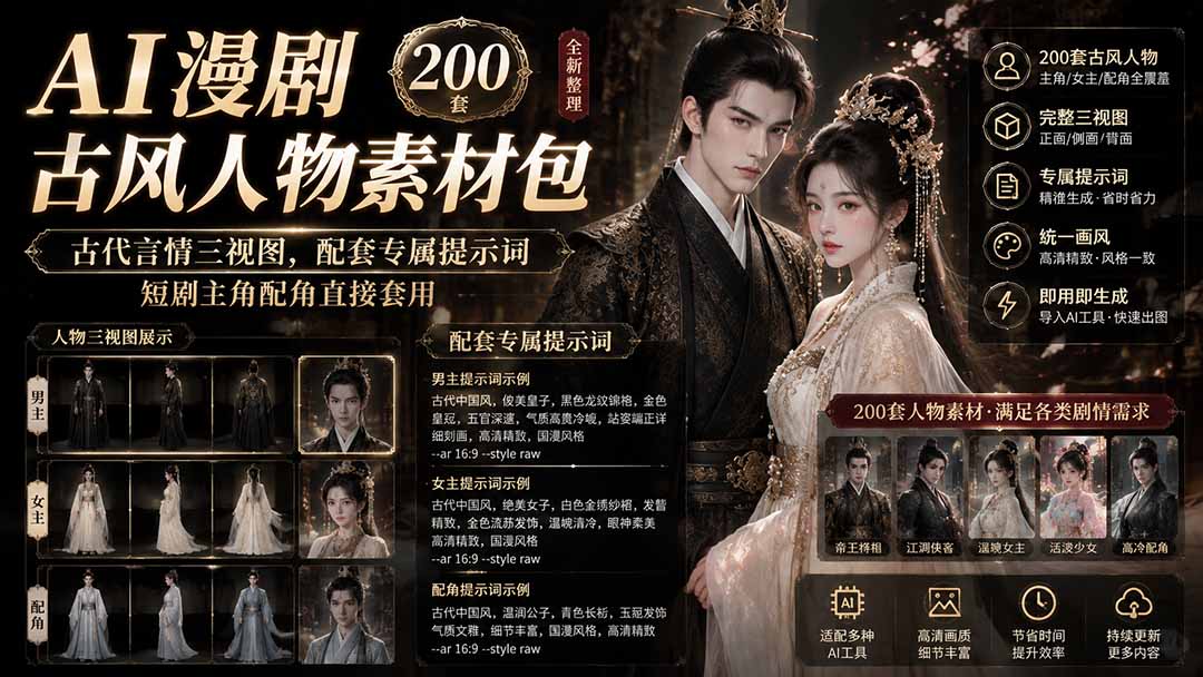 (19693期)AI漫剧古风人物素材包+提示词|200 套古代言情三视图,配套专属提示词短剧主角配角直接套用插图1 (19693期)AI漫剧古风人物素材包+提示词|200 套古代言情三视图,配套专属提示词短剧主角配角直接套用插图1