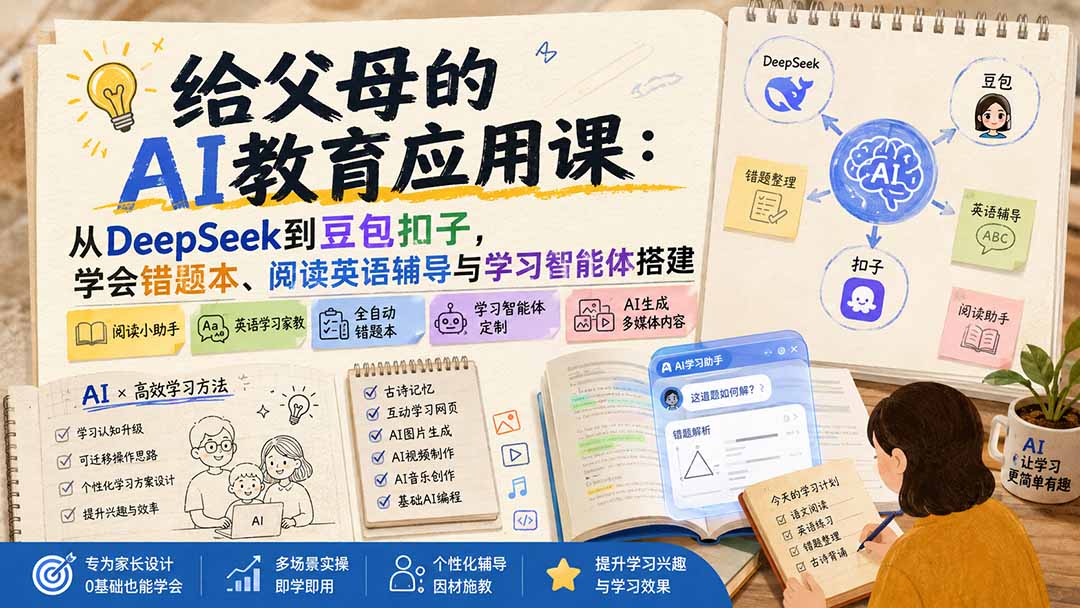 (19890期)给父母的AI教育应用课:从DeepSeek到豆包扣子,学会错题本、阅读英语辅导与学习智能体搭建-网赚副业网