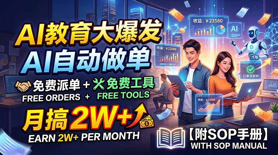 (19731期)AI教育大爆发,AI自动做单,免费派单+免费工具,月搞2W+【附SOP手册】-网赚副业网