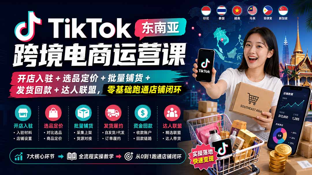 (20059期)TikTok东南亚跨境电商运营课:开店入驻+选品定价+批量铺货+发货回款+达人联盟,零基础跑通店铺闭环-网赚副业网