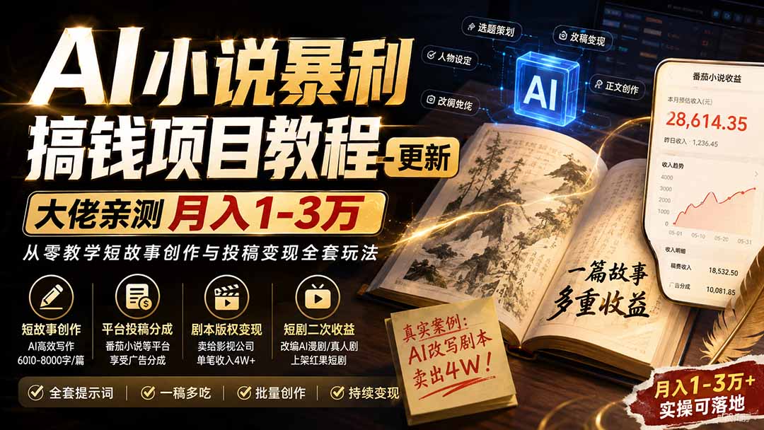 (20044期)AI小说暴利搞钱项目教程-更新,大佬亲测月入1-3万,从零教学短故事创作与投稿变现全套玩法-网赚副业网