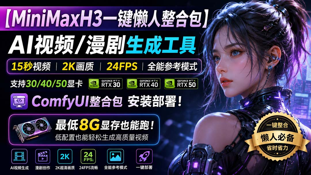 (20130期)MiniMaxH3一键懒人整合包:AI视频/漫剧生成工具,15秒视频_2K画质_24FPS_全能模式,支持30_40_50显卡,8g显存也能跑-网赚副业网