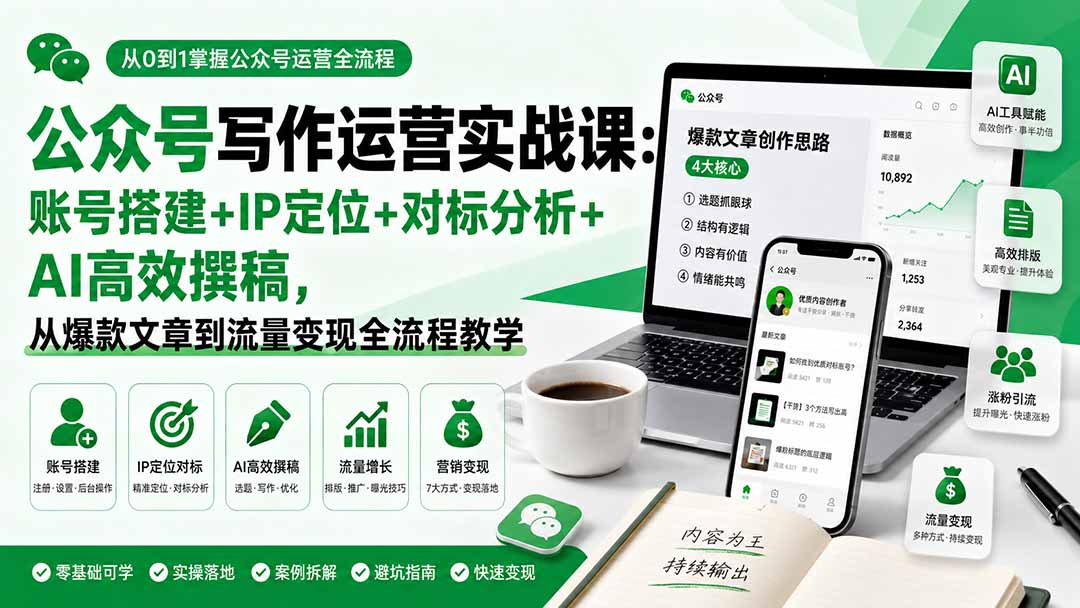 （19914期）公众号写作运营实战课：账号搭建+IP定位+对标分析+AI高效撰稿，从爆款文章到流量变现全流程教学-网赚副业网