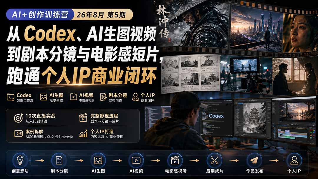 (20145期)AI+创作训练营26年8月第5期:从Codex、AI生图视频到剧本分镜与电影感短片,跑通个人IP商业闭环-网赚副业网