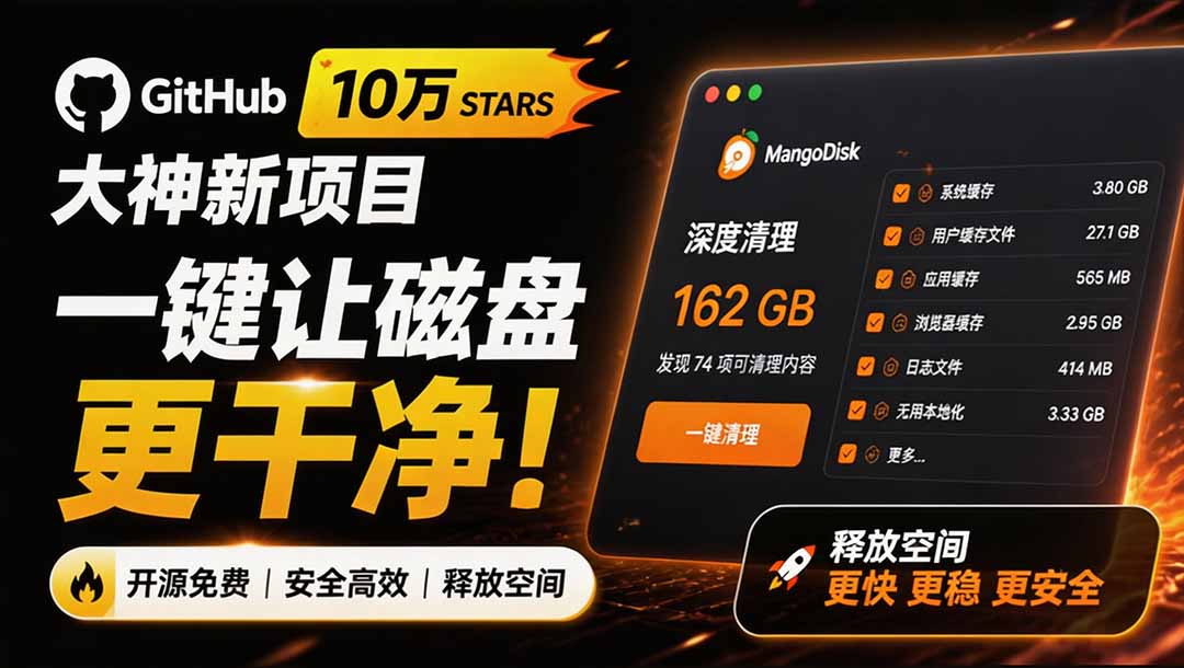 (19894期)在Gtihub上做出10万 stars 的大神,又发布新项目了!一键让磁盘更干净,开源免费清理工具 MangoDisk-网赚副业网