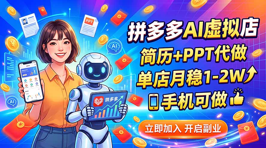 (20013期)拼多多AI虚拟店,简历+PPT代做,单店月稳1-2W,手机可做-网赚副业网