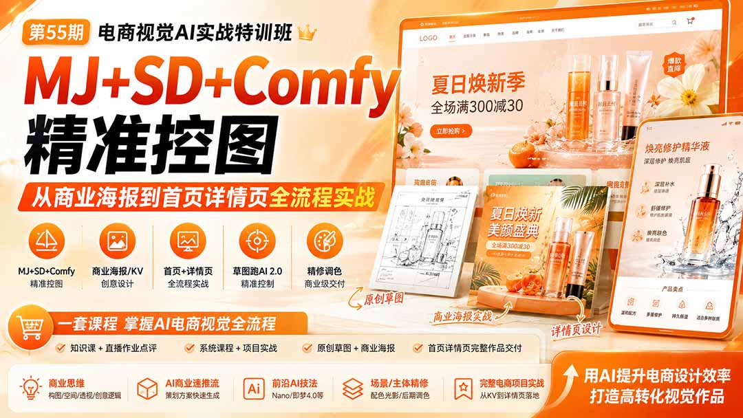 (20027期)电商视觉 AI实战训练营第55期:MJ+SD+Comfy精准控图,从商业海报到首页详情页全流程实战插图1 (20027期)电商视觉 AI实战训练营第55期:MJ+SD+Comfy精准控图,从商业海报到首页详情页全流程实战插图1