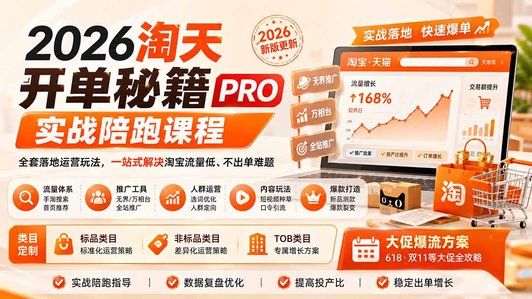 (20029期)2026淘天开单秘籍PRO实战陪跑课程:全套落地运营玩法,一站式解决淘宝流量低、不出单难题(更新260823)插图 (20029期)2026淘天开单秘籍PRO实战陪跑课程:全套落地运营玩法,一站式解决淘宝流量低、不出单难题(更新260823)插图