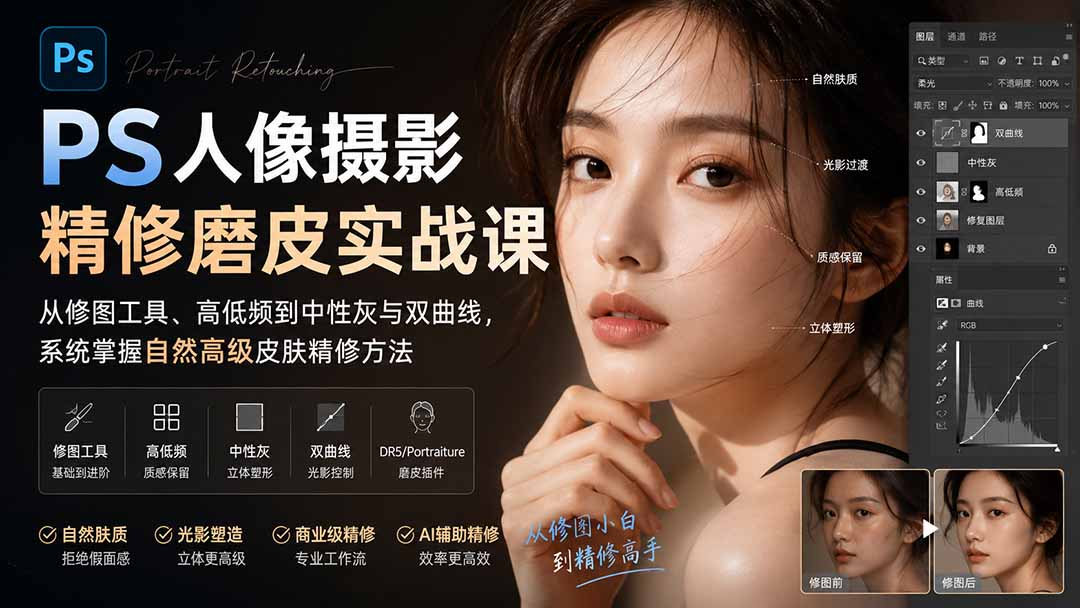 (20061期)PS人像摄影精修磨皮实战课:从修图工具、高低频到中性灰与双曲线,系统掌握自然高级皮肤精修方法插图 (20061期)PS人像摄影精修磨皮实战课:从修图工具、高低频到中性灰与双曲线,系统掌握自然高级皮肤精修方法插图