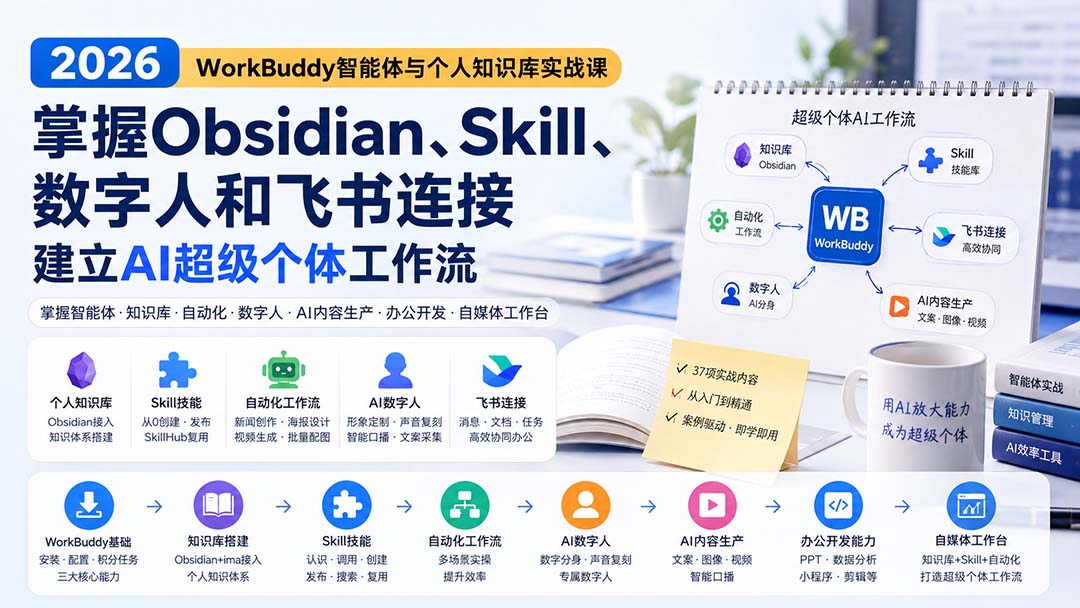 (20169期)2026 WorkBuddy智能体与个人知识库实战课:掌握Obsidian、Skill、数字人和飞书连接,建立AI超级个体工作流-网赚副业网