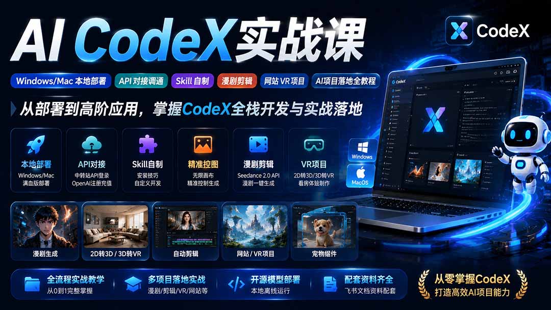 (19769期)AI CodeX实战课|Windows/Mac 本地部署|API 对接调通|Skill 自制|漫剧剪辑|网站 VR 项目|AI项目落地全教程插图1 (19769期)AI CodeX实战课|Windows/Mac 本地部署|API 对接调通|Skill 自制|漫剧剪辑|网站 VR 项目|AI项目落地全教程插图1