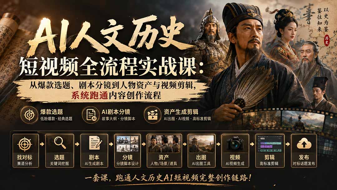 (20074期)AI人文历史短视频全流程实战课:从爆款选题、剧本分镜到人物资产与视频剪辑,系统跑通内容创作流程插图 (20074期)AI人文历史短视频全流程实战课:从爆款选题、剧本分镜到人物资产与视频剪辑,系统跑通内容创作流程插图