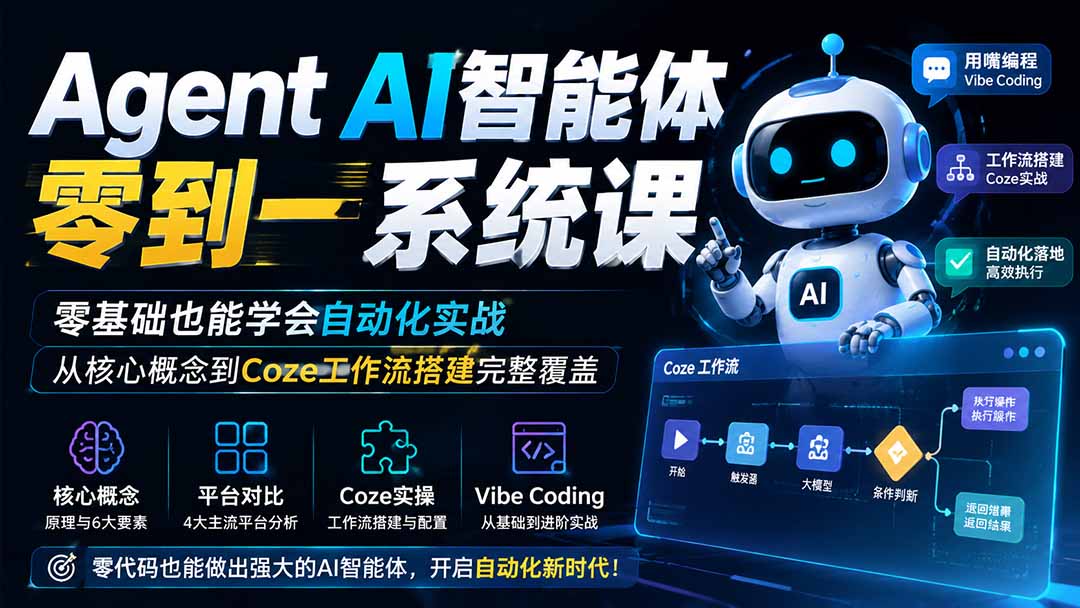 (19753期)Agent AI智能体零到一系统课;零基础也能学会自动化实战,从核心概念到Coze工作流搭建完整覆盖-网赚副业网