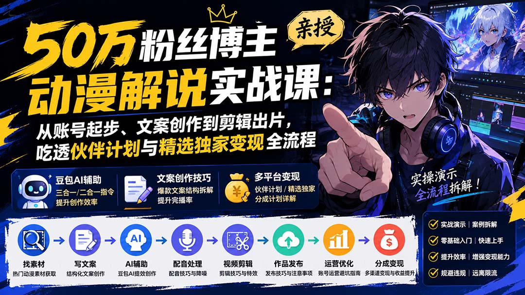 (20144期)50万粉丝博主亲授动漫解说实战课:从账号起步、文案创作到剪辑出片,吃透伙伴计划与精选独家变现全流程-网赚副业网