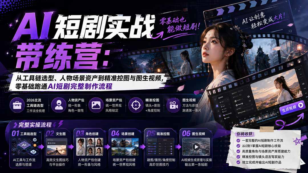 (20064期)AI短剧实战训练营:从工具链选型、人物场景资产到精准控图与图生视频,零基础跑通AI短剧完整制作流程插图 (20064期)AI短剧实战训练营:从工具链选型、人物场景资产到精准控图与图生视频,零基础跑通AI短剧完整制作流程插图