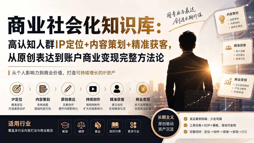 (19733期)商业社会化知识库:高认知人群IP定位+内容策划+精准获客,从原创表达到账户商业变现完整方法论-网赚副业网