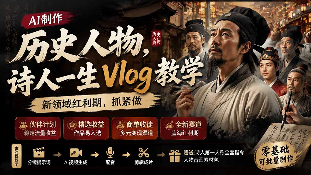 (19758期)历史人物,诗人一生Vlog教学, AI制作丨伙伴计划丨精选收益丨商单收徒 ,新领域红利期,抓紧做-网赚副业网