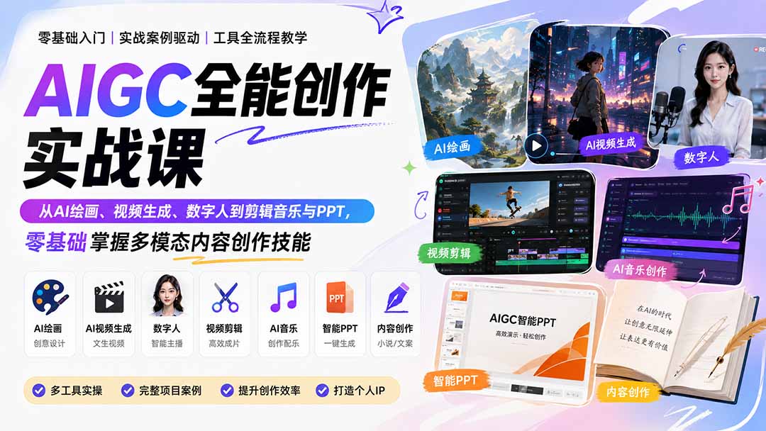 (20065期)AIGC全能创作实战课:从AI绘画、视频生成、数字人到剪辑音乐与PPT,零基础掌握多模态内容创作技能插图1 (20065期)AIGC全能创作实战课:从AI绘画、视频生成、数字人到剪辑音乐与PPT,零基础掌握多模态内容创作技能插图1